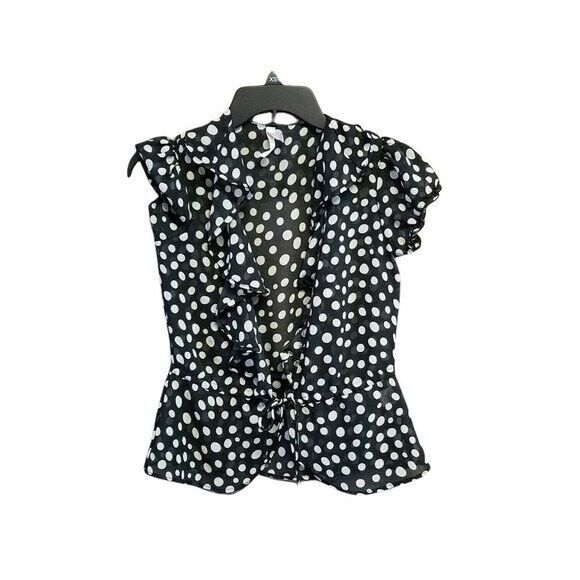 Xhilaration Womens Sz Xs Black White Polka Dot Cap Sleeve Cardigan Blouse